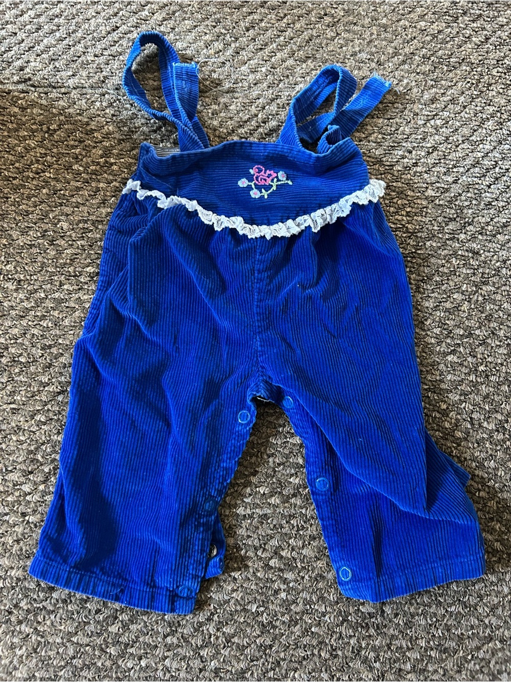 Vintage Cobalt Blue Corduroy Baby Overalls with Floral Embroidery